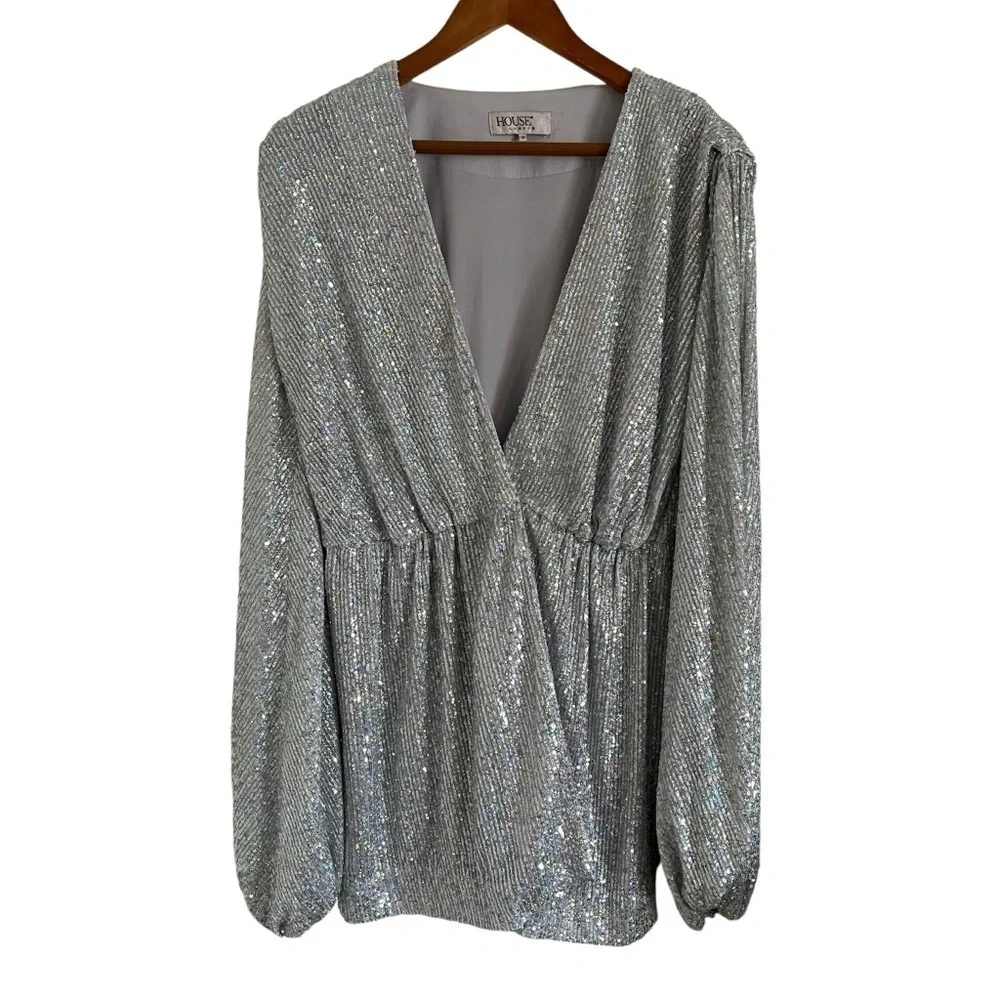 HOUSE OF CB‎ LONDON Verina Silver Iridescent Sequin Wrap Robe Dress